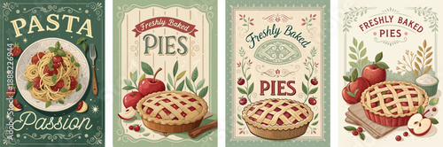 Vintage-style food posters showcasing pasta and pies with vibrant colors.