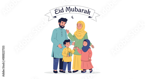 Illustration of a Muslim family celebrating Eid Mubarak with a banner, in a colorful and festive setting.