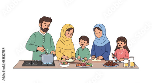 Illustration of a diverse family cooking together in a kitchen with various dishes and ingredients on the table.