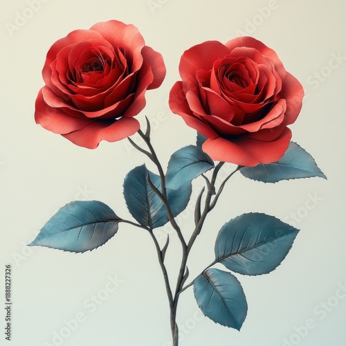 Two red roses stand gracefully their petals and leaves creating beauty together