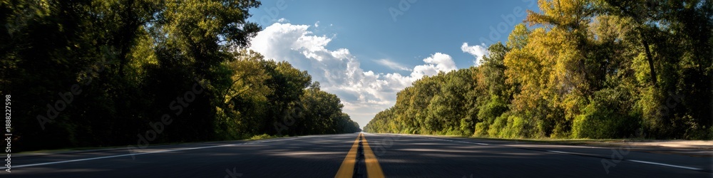 Fototapeta premium Sunny highway through forested landscape with blue sky and clouds