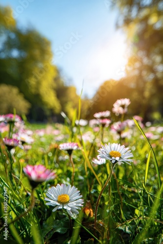 Sunny meadow with blooming wildflowers in springtime