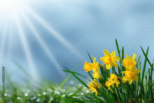 Bright yellow daffodils in bloom under sunlit sky