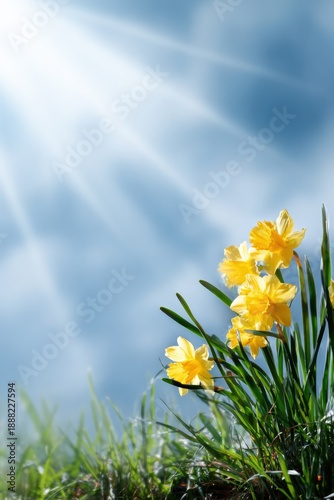 Bright spring sunlight shining on yellow daffodils in lush green grass against blue sky