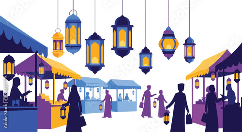 Vibrant marketplace scene with people shopping and lanterns hanging above stalls in a lively, colorful outdoor setting.