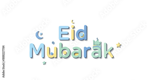 Eid Mubarak greeting with colorful text and stars on a white background in a festive and celebratory mood with a cinematic lighting effect.