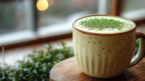 Matcha latte with oat milk in Japanese-inspired minimalist coffee bar.