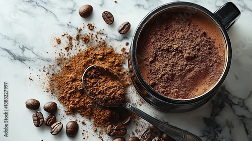  Still life of ground coffee, spoon, and French press on a marble surface.