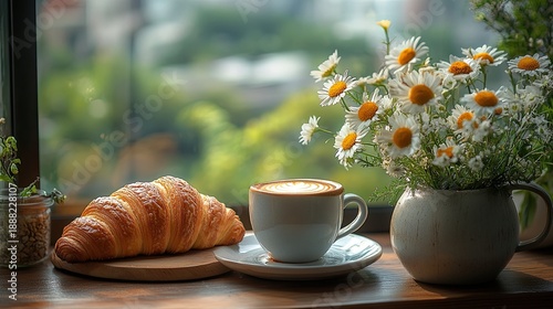 Morning mood with coffee, croissant, and fresh flowers on the balcony.