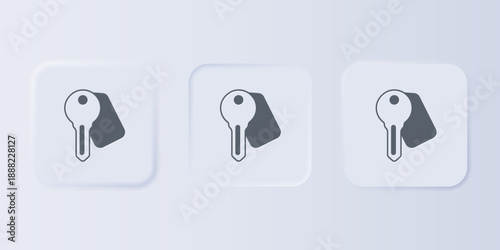 Grey Hotel door lock key icon isolated on grey background. Set icons in square buttons. Vector