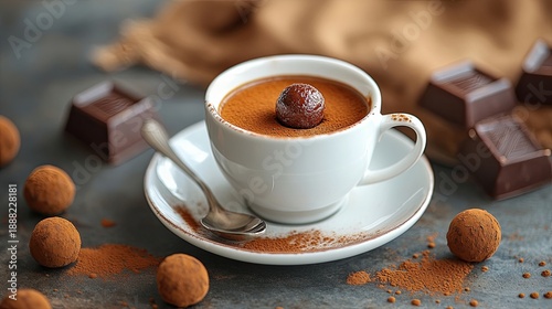 Espresso cup on saucer with spoon and single chocolate truffle.