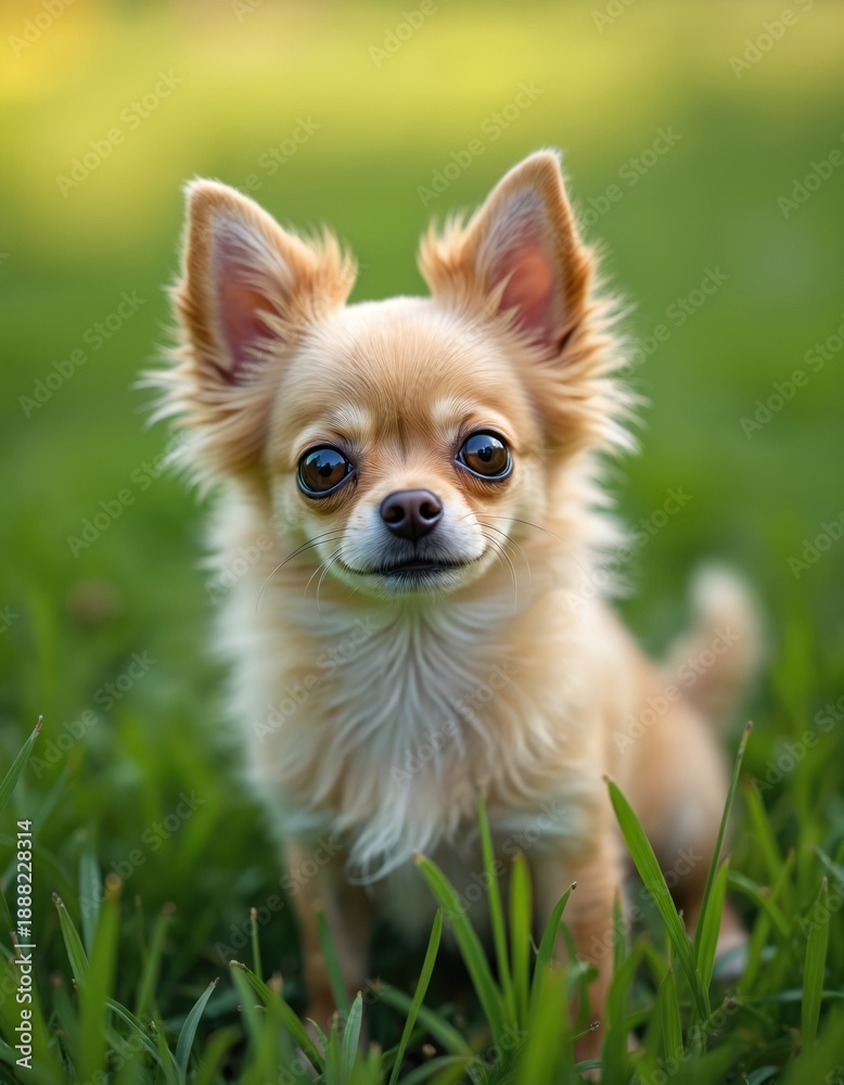 Fototapeta premium Small cute chihuahua dog sits in green grass looking at camera. Light brown furry pet has big eyes and pointy ears. Adorable animal enjoys sunny day outdoors. Innocent puppy poses for shot.