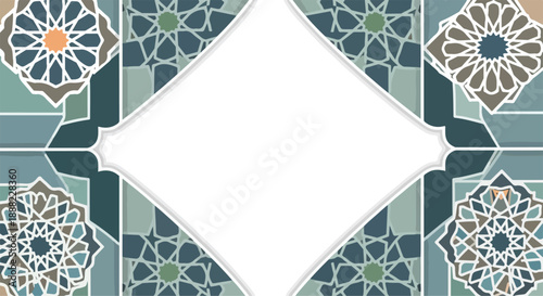 Intricate floral patterned tile design with geometric shapes in shades of blue, green, and orange, featuring a central white diamond-shaped space.