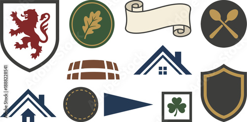 Heritage hospitality branding badges flat vector pack with lion rampant circular crest leaf vintage scroll barrel top crossed spoons roof-line dashed border triangular pennant clover square shield 