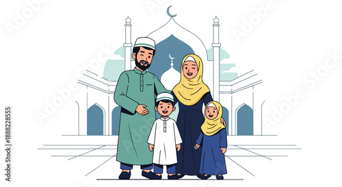 Illustration of a Muslim family standing in front of a mosque with a crescent moon on top, wearing traditional clothing.