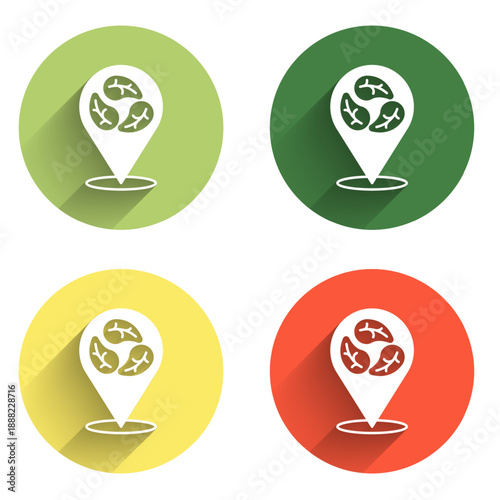 Set Vegan food diet icon isolated with long shadow background. Organic, bio, eco symbol. Vegan, no meat, lactose free, healthy, fresh and nonviolent food. Color circle button. Vector