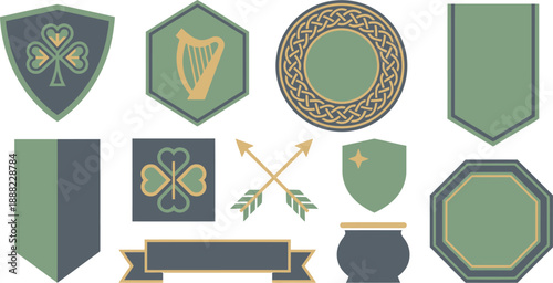 Modern Celtic geometric badges flat vector pack with sage green slate grey pale gold triangular shield shamrock hexagonal harp knot border pennant square clover arrows star ribbon pot octagonal isolat