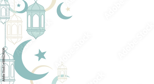 Flat lay of Ramadan decorative elements including crescent moons, stars, and lanterns in blue and gold hues on a white background.