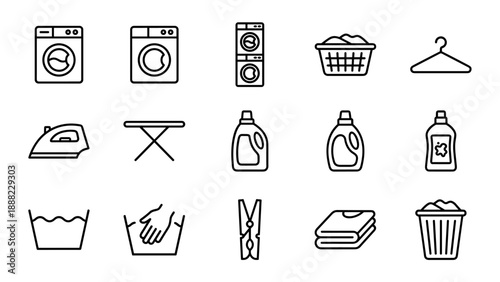 Comprehensive Set of 15 Laundry and Washing Machine Line Icons in Minimalist Vector Style. Includes Iron, Ironing Board, Detergent, Clothes Hanger, Basket, and Clothespin for Cleaning Services.