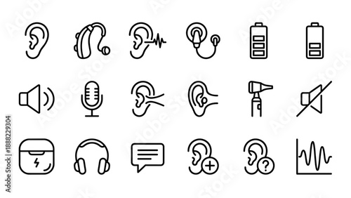 Minimalist Hearing Aid and Ear Health Line Icon Set Featuring Cochlear Implants, Otoscopes, Audiograms, Volume Controls, and Battery Indicators for Medical and Audiology Design Projects.