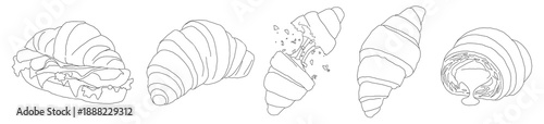 Croissant collection line art. Vector hand drawn set of French pastry, croissants with chocolate filling, crumbs and sandwich. Minimalist bakery sketches for cafe menu and food design.
