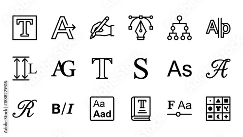Comprehensive collection of 18 minimalist typography and font design line icons, including vector pen tools, text formatting, hierarchy, line spacing, bold italic styles, and glyph grid layout.