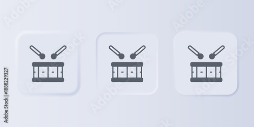 Grey Drum with drum sticks icon isolated on grey background. Music sign. Musical instrument symbol. Set icons in square buttons. Vector