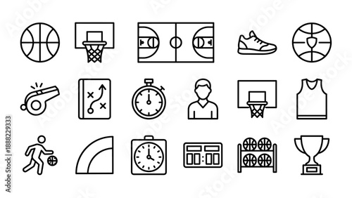 Comprehensive Set of 16 Basketball Line Icons Featuring Vector Symbols for Sport Equipment, Court, Player, Whistle, Jersey, Trophy, Scoreboard, and Tactics, Minimalist Design for Web and Apps.