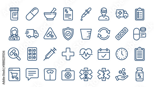 Pharmacy and Medical Icon Set: 32 Rounded Outline Vector Icons for Healthcare, Prescription, Medicine, Pills, First Aid, Doctor, Ambulance, Syringe, Blister Pack, and Online Pharmacy Services.