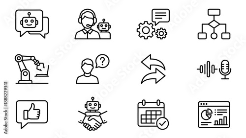 Vector Icon Set of Automated AI Chatbot and Customer Service Support, Minimalist Line Art Icons for Business Automation, Voice Recognition, Analytics, Robotic Process, and Communication Technology