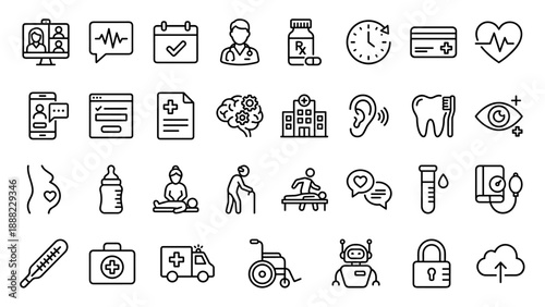 Set of 32 Minimal Monoline Outline Icons for Telemedicine and Digital Healthcare Services Including Video Consultation, Medical Reports, Mental Health, Elderly Care, and Online Pharmacy Icons.