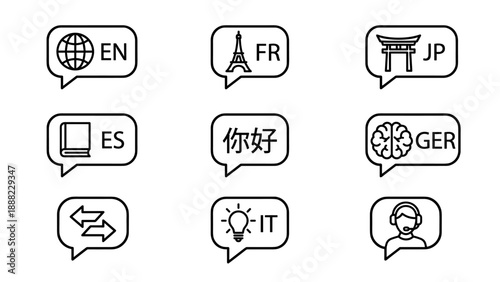 Language Learning and Translation Icon Set Featuring Minimalist Line Art Speech Bubbles for English, French, Japanese, Spanish, Chinese, German, Italian, Global Communication, and Support.
