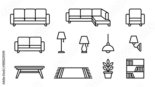 Minimalist Line Art Icon Set of Living Room Furniture and Decor Elements Featuring Sofas, Sectional, Armchair, Lamps, Coffee Table, Rug, Potted Plant, and Bookshelf for Interior Design Layouts.