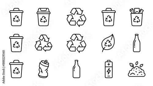 Minimalist Line Art Vector Icon Set for Recycling and Waste Management. Includes Symbols for Trash Cans, Recycling Arrows, Glass Bottles, Crushed Cans, Batteries, and Organic Compost Piles.