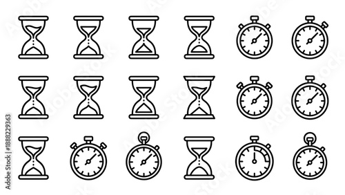Set of 16 Minimalist Hourglass and Stopwatch Line Icons Featuring Uniform Stroke Width and Organized Grid Layout for Time Measurement, Countdown, and Productivity Concepts on White Background