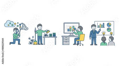 Set of four vector illustrations depicting the complete data science lifecycle: collecting raw information, cleaning and organizing datasets, building visual dashboards, and presenting insights.