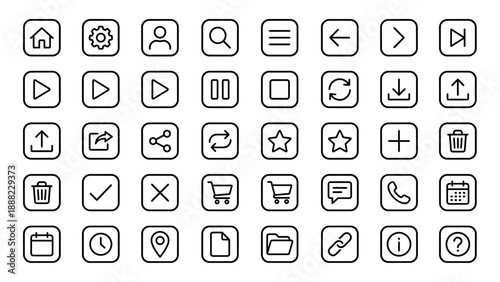 Comprehensive Vector Icon Set of Universal User Interface Buttons in Minimalist Line Art Style. Includes Navigation, Media, and E-commerce Elements for Web Design and Mobile App Development.