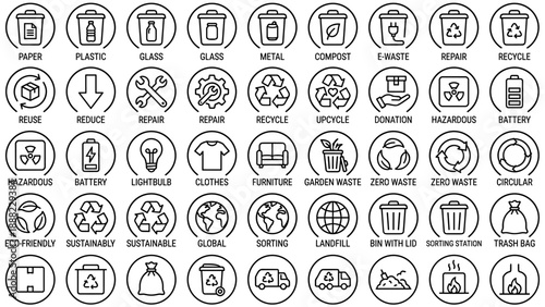 Minimalist vector icon set of 45 monoline outline symbols for recycling, waste management, and sustainability including sorting bins, eco-friendly labels, circular economy, and green living icons.