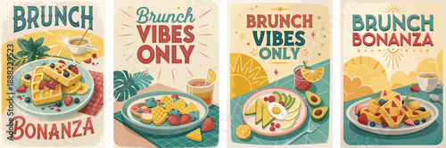 Colorful brunch posters featuring vibrant dishes and cheerful vibes.
