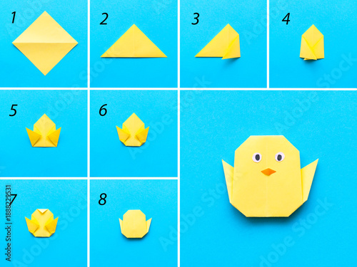 Step by step photo instruction how to make origami paper chicken. Simple diy kids children's concept.