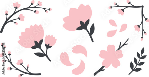 Modern twilight cherry blossom vectors flat vector pack with pale glowing pink charcoal grey minimalist branches corner placement large flower clusters side profile floating petals gentle swirl