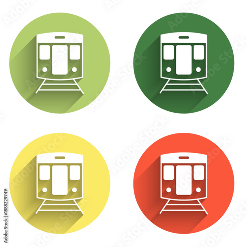 Set Train and railway icon isolated with long shadow background. Public transportation symbol. Subway train transport. Metro underground. Color circle button. Vector