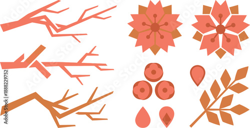 Geometric zen cherry blossom illustrations flat vector pack with coral warm clay tones angular branches sharp clean lines symmetrical top-down flower heads uniform circular buds individual teardrop 