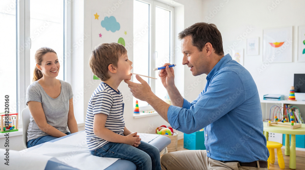 Obraz premium Pediatric doctor gives child checkup. Quick checkup uses tongue depressor, mother smiles nearby, checkup visit for backtoschool physical and fluseason screening, care concept, bright room