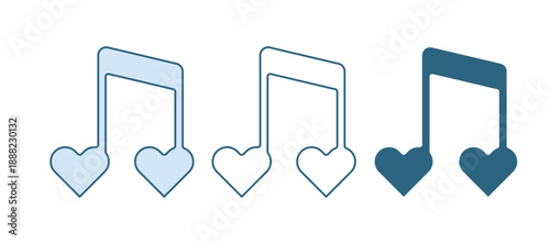 Blue Music note, tone with hearts icon isolated on white background. Happy Valentines day. Vector