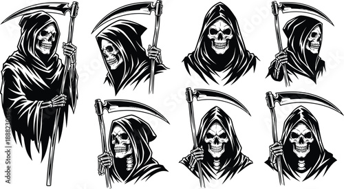 Set of reaper tattoo death silhouette vector, grim reaper silhouette, angel of death, death taker, reaper tattoo death halloween season vector illustration set