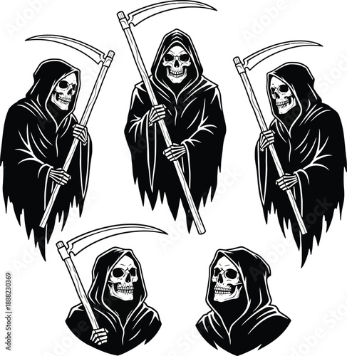 Set of reaper tattoo death silhouette vector, grim reaper silhouette, angel of death, death taker, reaper tattoo death halloween season vector illustration set

