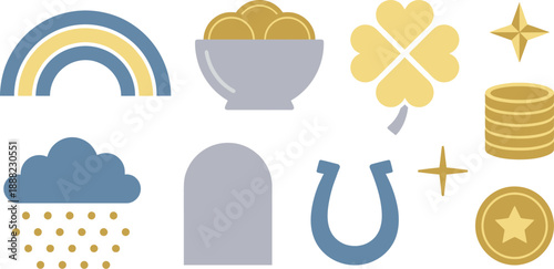Scandinavian minimalist luck elements flat vector pack with muted blue pale yellow soft grey gold clean half-circle rainbow ceramic bowl three coins four-leaf clover heart shapes geometric star stacke