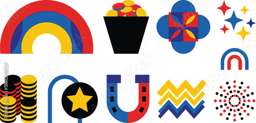 Abstract geometric luck forms Bauhaus-inspired palette flat vector pack with red blue yellow black rainbow overlapping arcs conical pot circular coins clover abstraction circles squares triangle