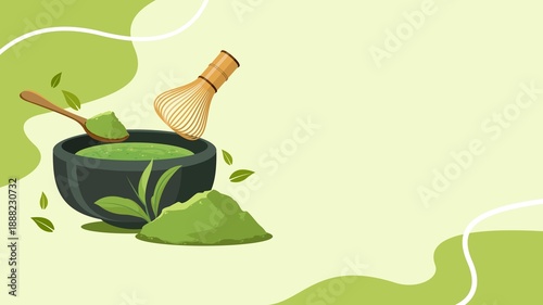 Matcha Green Tea Horizontal Background Illustration with Copy Space